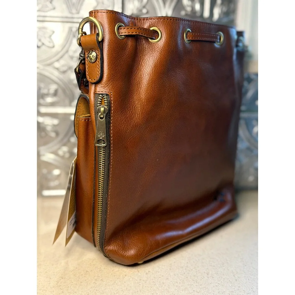 Patricia Nash Bucket Bag Brown Leather Cognac Drawstring Crossbody Handbag